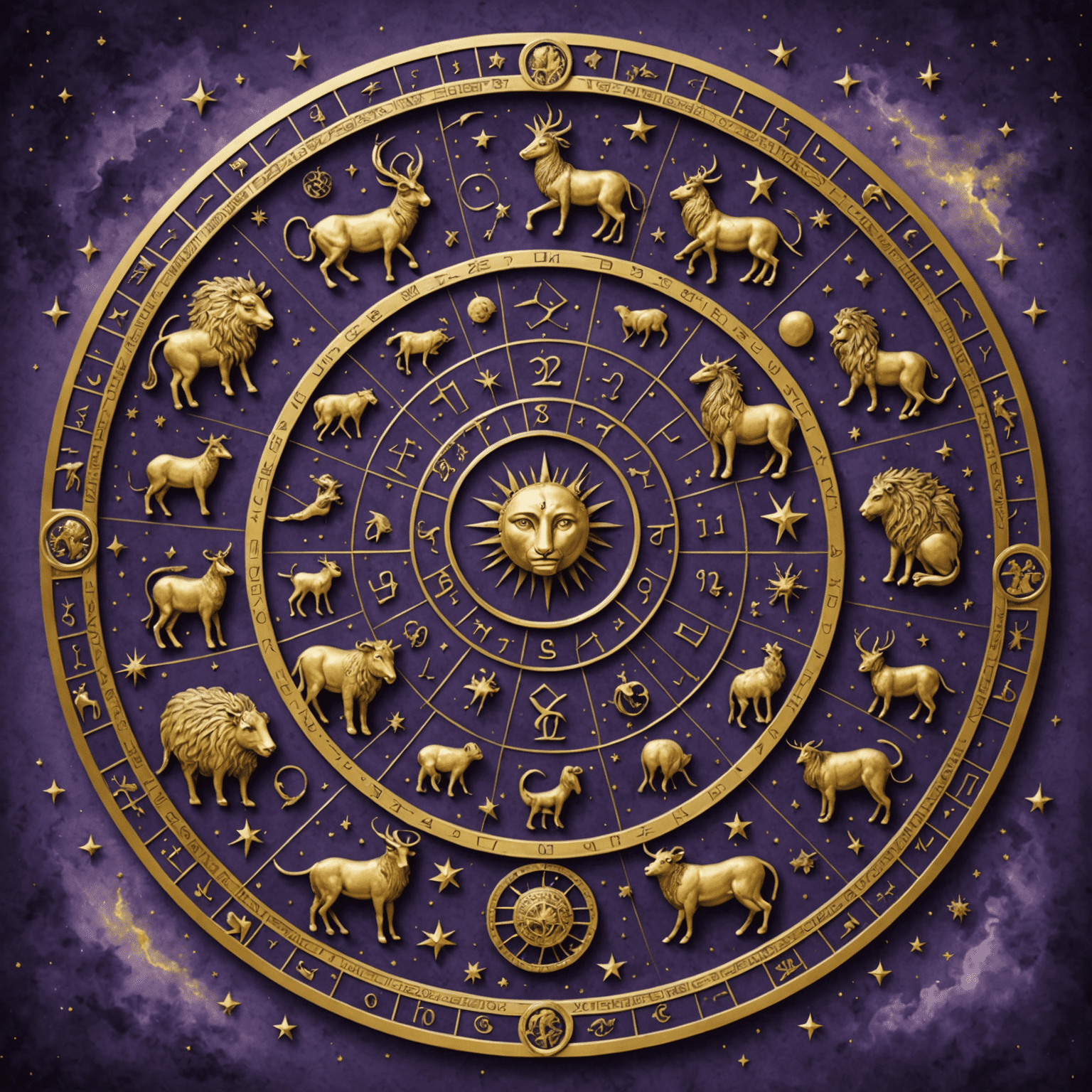 Misztikus zodiákus kör, amely a 12 csillagjegyet ábrázolja arany színben, lila háttérrel